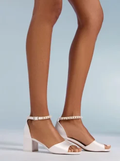 Friends Like These White Satin Low Block Heel Pearl Strap Bridal Sandals