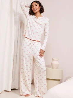 Friends Like These White/Pink Bow Pointelle Wide Leg Pyjamas
