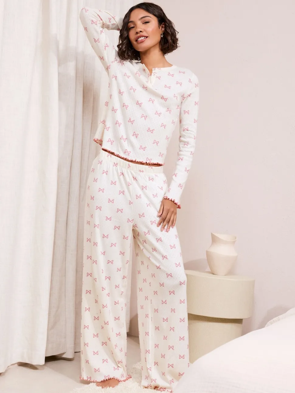 Friends Like These White/Pink Bow Pointelle Wide Leg Pyjamas