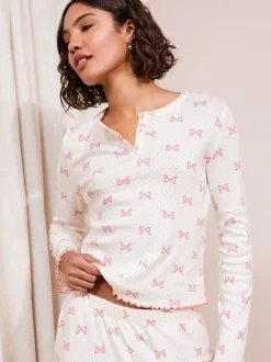 Friends Like These White/Pink Bow Pointelle Wide Leg Pyjamas