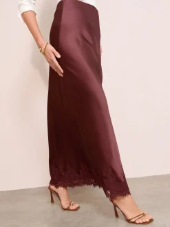 Friends Like These X Lucy Mecklenburgh Brown Satin Lace Trim Maxi Skirt