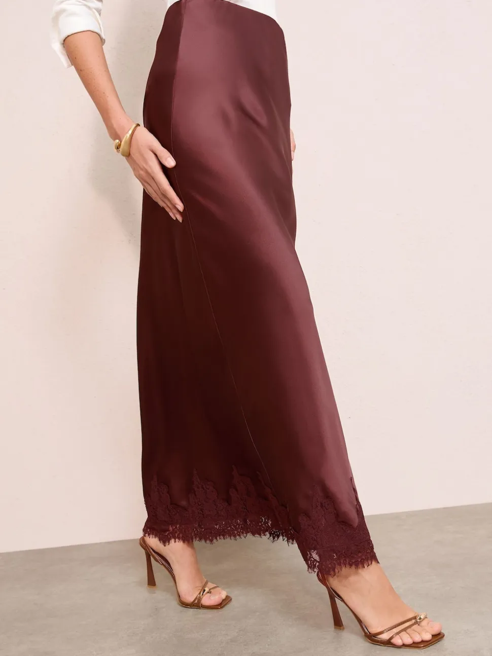 Friends Like These X Lucy Mecklenburgh Brown Satin Lace Trim Maxi Skirt