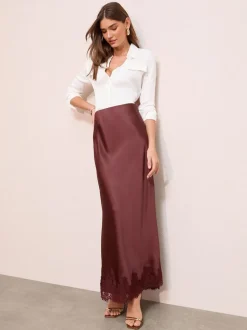 Friends Like These X Lucy Mecklenburgh Brown Satin Lace Trim Maxi Skirt