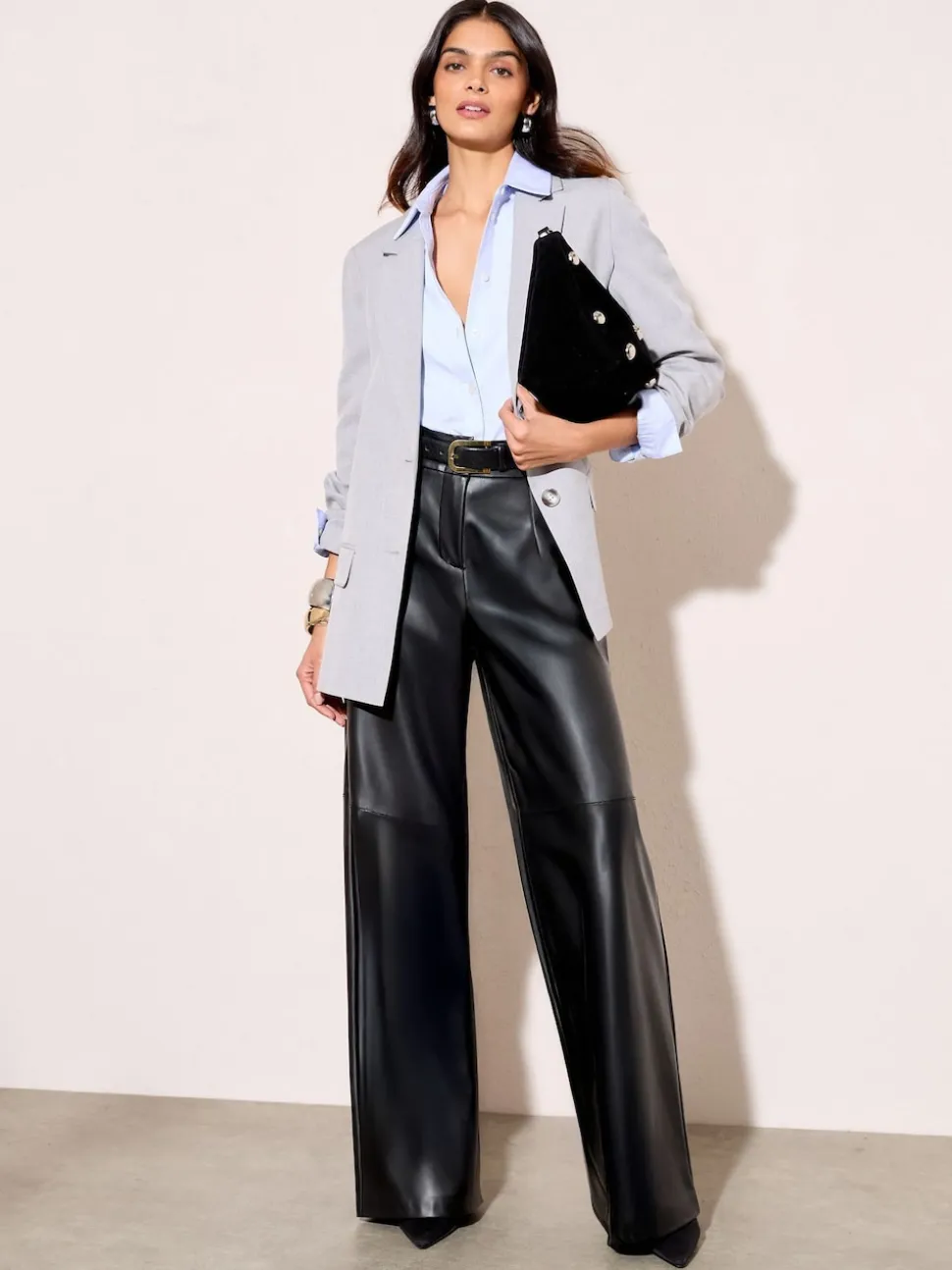 Friends Like These X Lucy Mecklenburgh Black Faux Leather Tailored Wide Leg Trousers