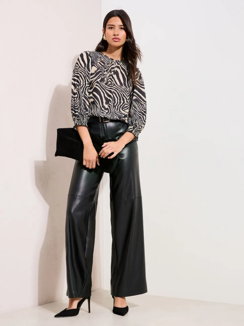 Friends Like These Zebra Print 3/4 Sleeve Shirred Cuff Blouse
