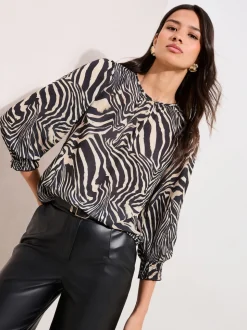 Friends Like These Zebra Print 3/4 Sleeve Shirred Cuff Blouse
