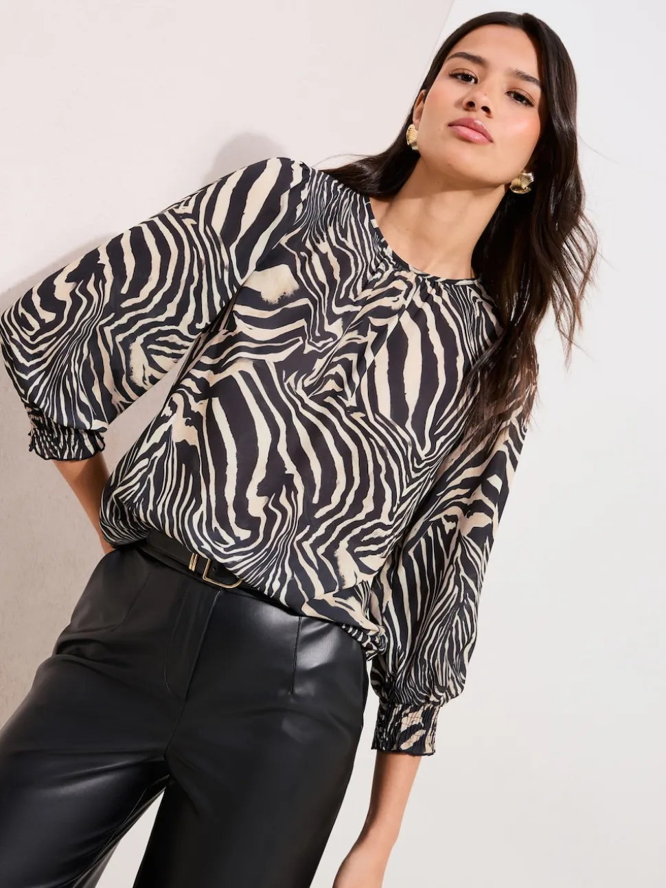 Friends Like These Zebra Print 3/4 Sleeve Shirred Cuff Blouse