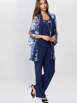 Gina Bacconi Blue Dorris Trousers Suits 3 Piece With Embroidered Jacket