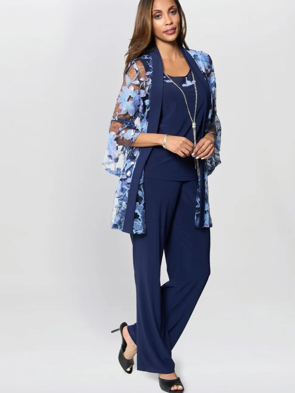 Gina Bacconi Blue Dorris Trousers Suits 3 Piece With Embroidered Jacket