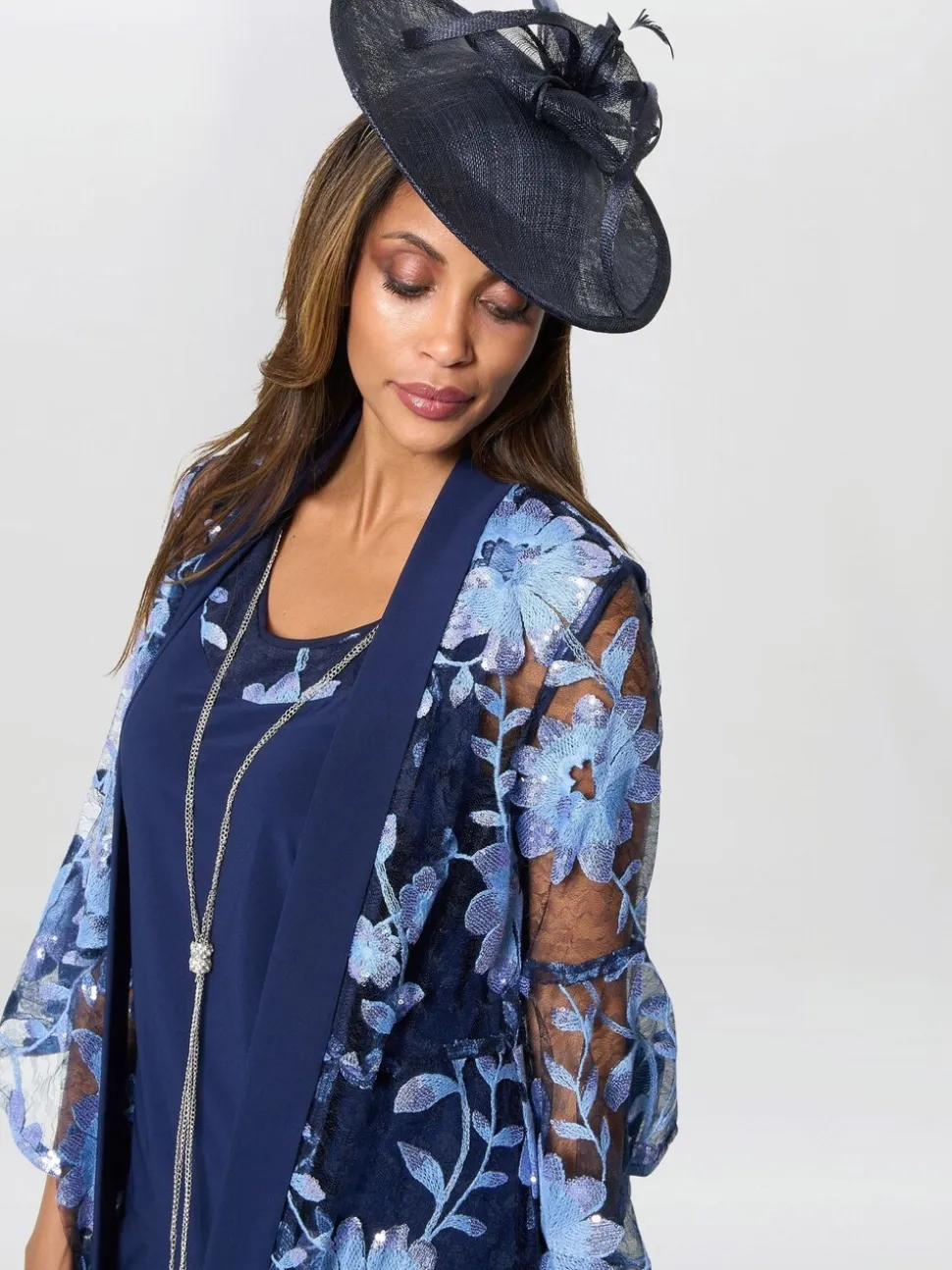 Gina Bacconi Blue Dorris Trousers Suits 3 Piece With Embroidered Jacket