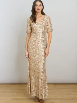 Gina Bacconi Gold Pat Sequin Maxi Dress