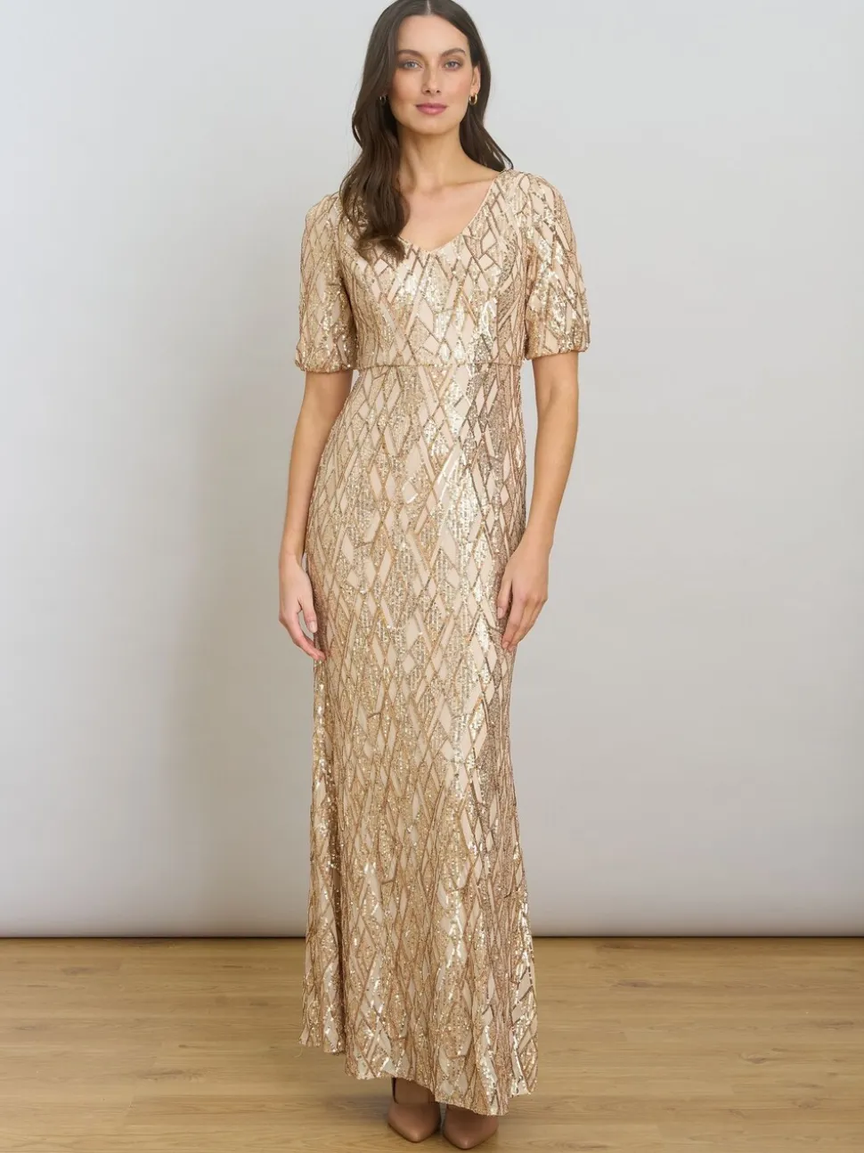 Gina Bacconi Gold Pat Sequin Maxi Dress
