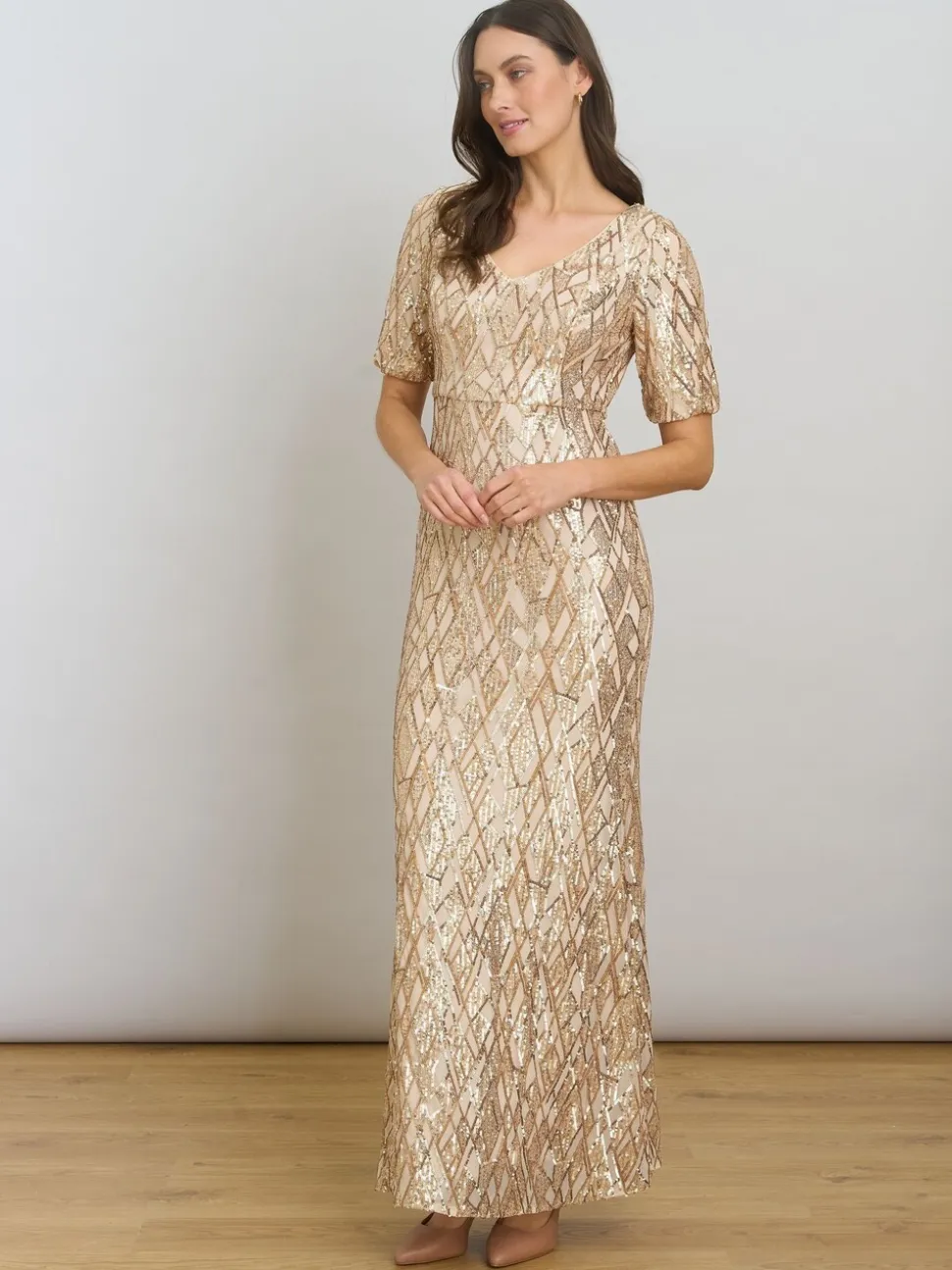 Gina Bacconi Gold Pat Sequin Maxi Dress