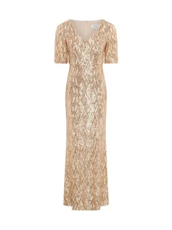 Gina Bacconi Gold Pat Sequin Maxi Dress