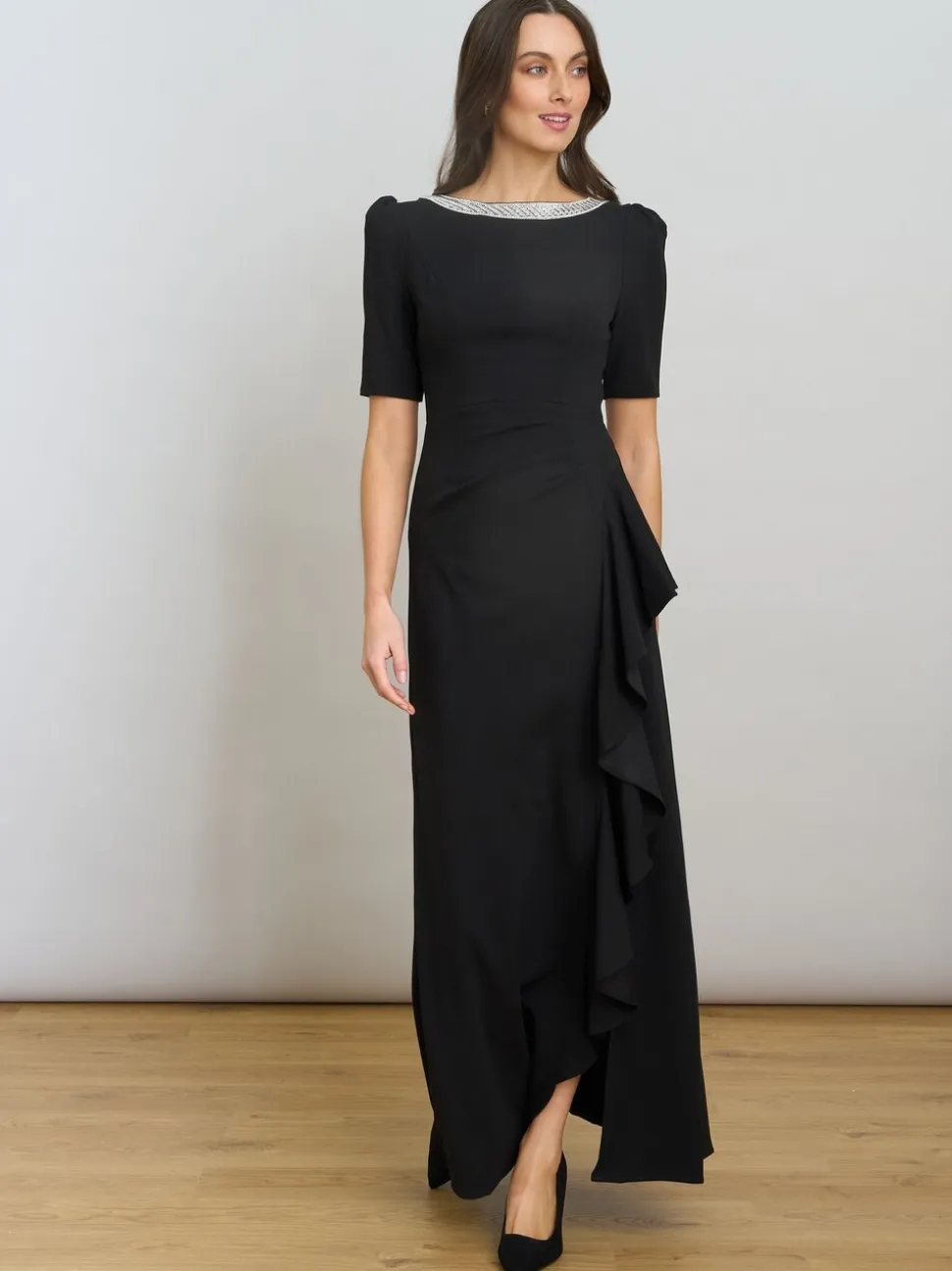 Gina Bacconi Paola Beaded Neck Maxi Black Dress