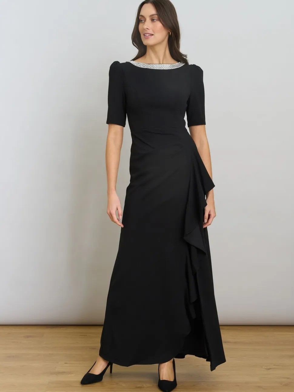 Gina Bacconi Paola Beaded Neck Maxi Black Dress