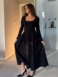 Girl In Mind Black Evie Square Neck Long Sleeve Midi Dress