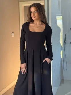 Girl In Mind Black Evie Square Neck Long Sleeve Midi Dress