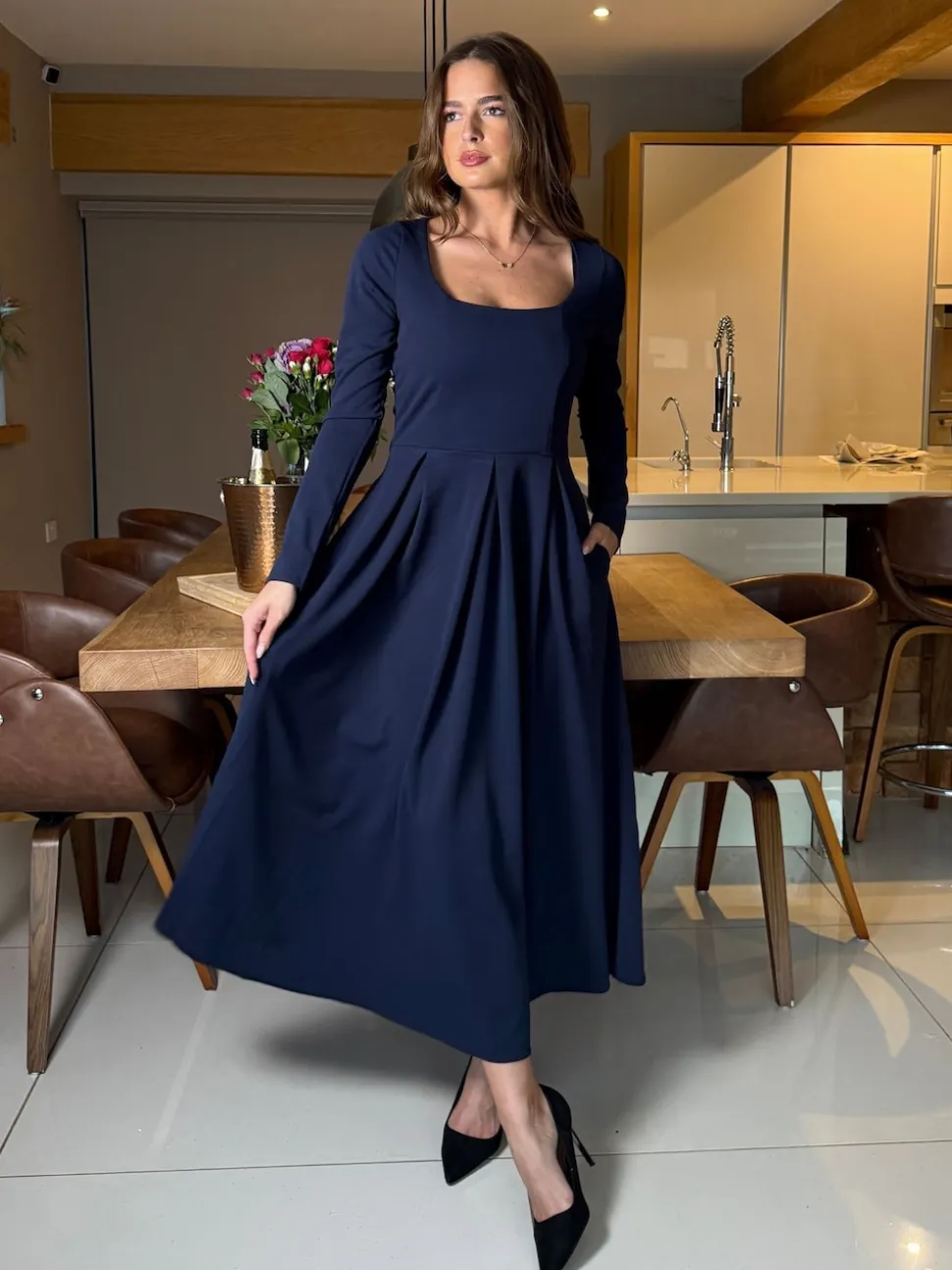 Girl In Mind Blue Evie Square Neck Long Sleeve Midi Dress