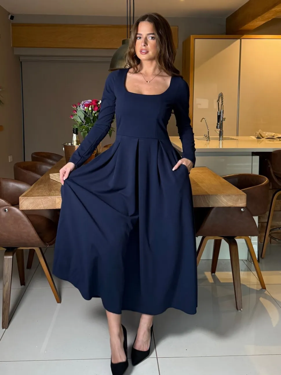Girl In Mind Blue Evie Square Neck Long Sleeve Midi Dress