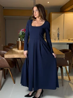 Girl In Mind Blue Evie Square Neck Long Sleeve Midi Dress