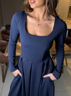Girl In Mind Blue Evie Square Neck Long Sleeve Midi Dress