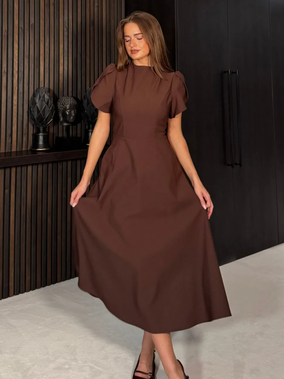 Girl In Mind Brown Katisha Tulip Sleeve High Neck Midi Dress