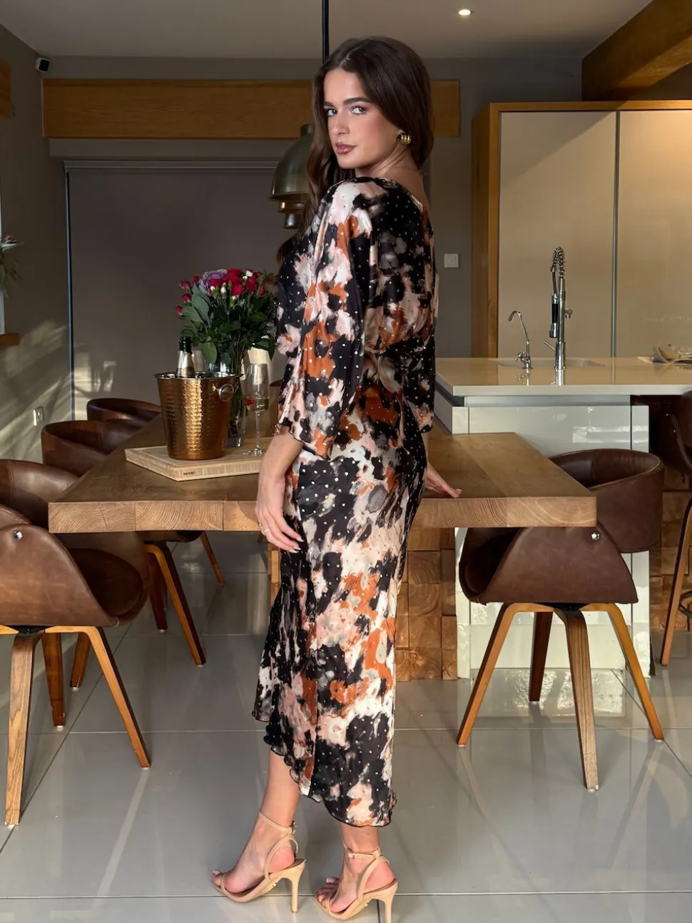 Girl In Mind Brown Leila Off the Shoulder Foiled Print Maxi Dress