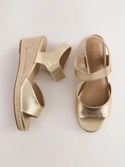 Gold Extra Wide Fit Round Toe Elastic Strap Detail Wedges