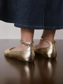 Gold Forever Comfort® Leather Ballet Flats With Ankle Strap