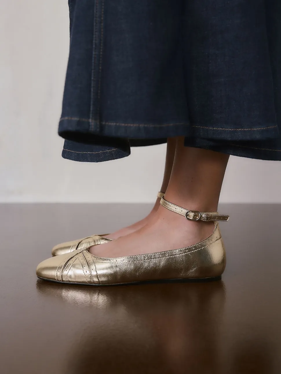 Gold Forever Comfort® Leather Ballet Flats With Ankle Strap