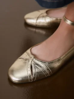 Gold Forever Comfort® Leather Ballet Flats With Ankle Strap