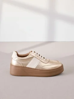 Gold Lace Up Signature Premium Leather Chunky Wedge Lace-Up Trainers