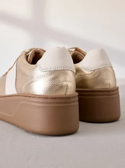 Gold Lace Up Signature Premium Leather Chunky Wedge Lace-Up Trainers