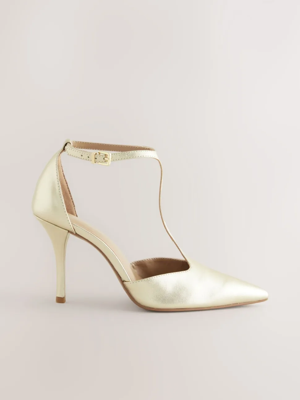 Gold Leather T-Bar Pointed Toe Heels