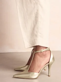 Gold Leather T-Bar Pointed Toe Heels