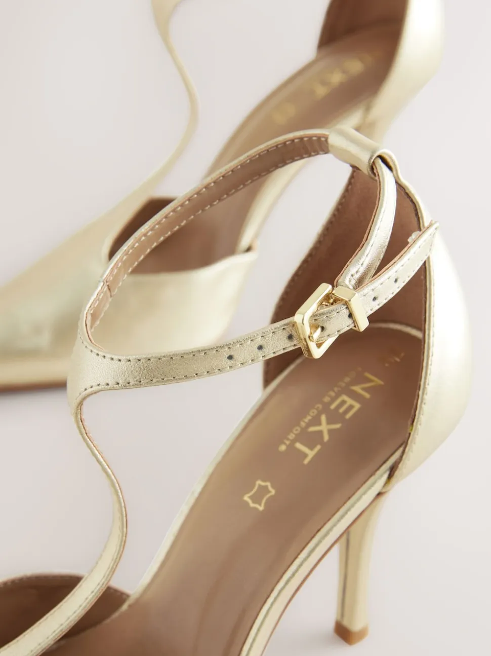 Gold Leather T-Bar Pointed Toe Heels