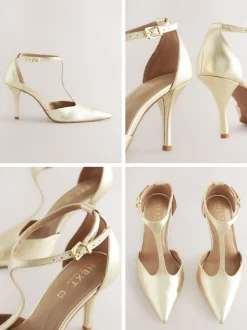 Gold Leather T-Bar Pointed Toe Heels