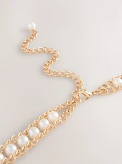 Gold Tone Pearl Bead Chain Belt
