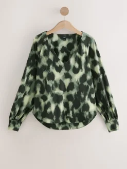 Green Animal Long Sleeve V-Neck Jersery Blouse
