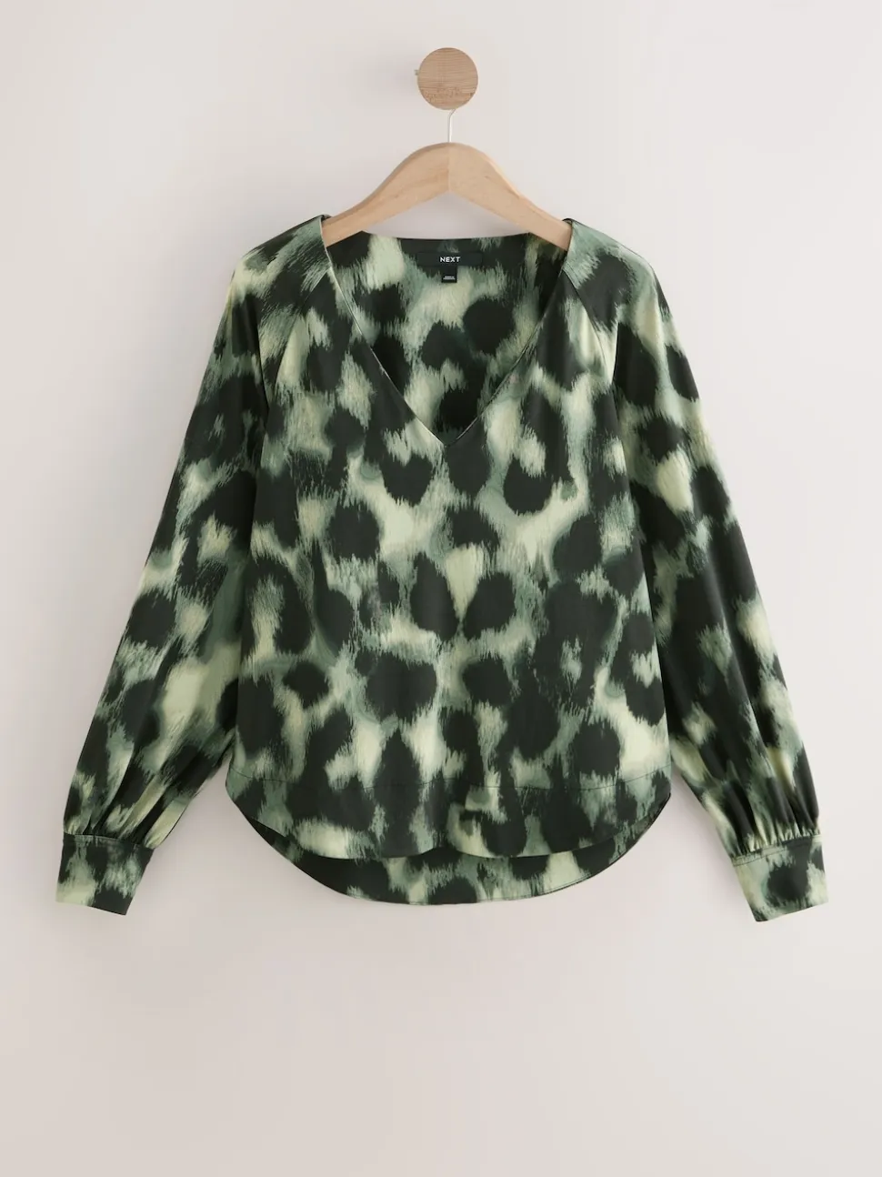 Green Animal Long Sleeve V-Neck Jersery Blouse
