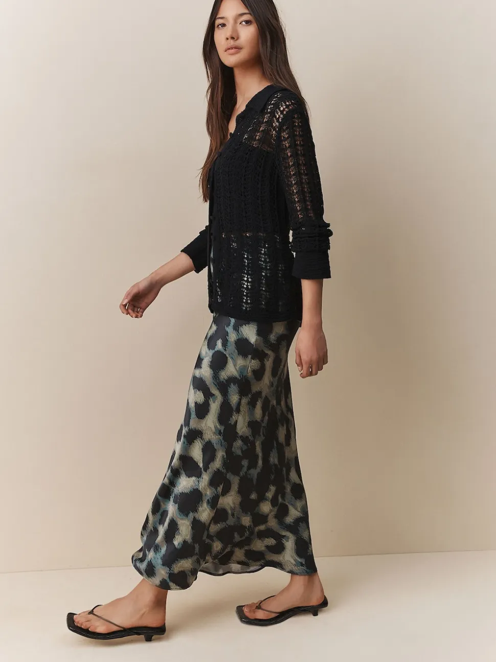 Green Animal Print Satin Midi Skirt