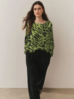 Green Animal Print Twist Neck Long Sleeve Blouse