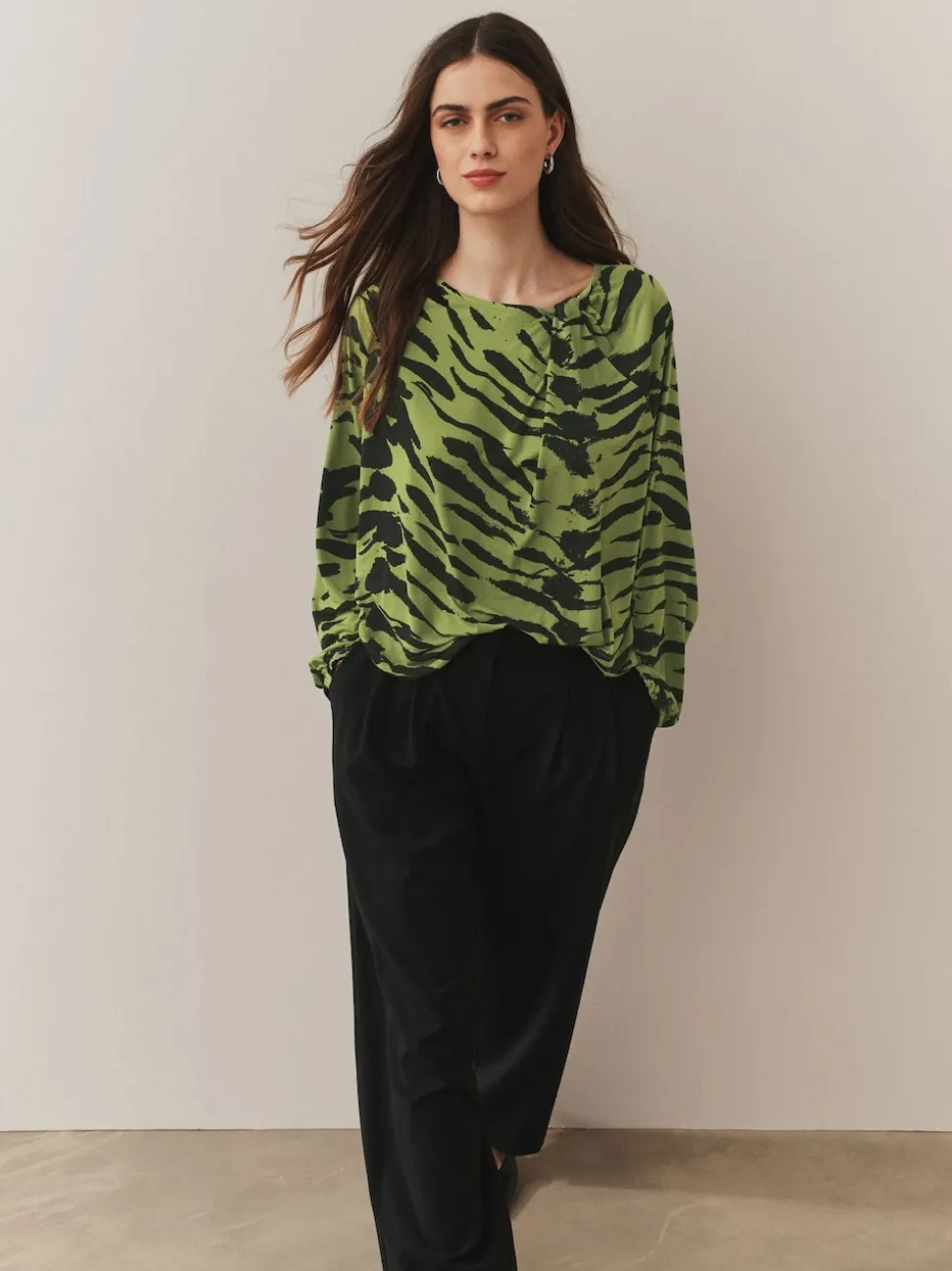 Green Animal Print Twist Neck Long Sleeve Blouse