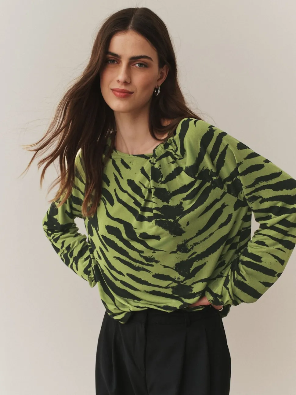 Green Animal Print Twist Neck Long Sleeve Blouse
