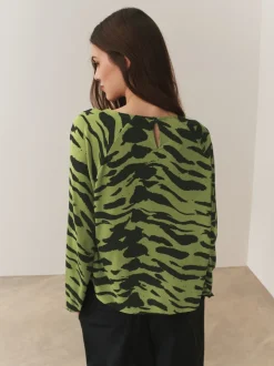 Green Animal Print Twist Neck Long Sleeve Blouse