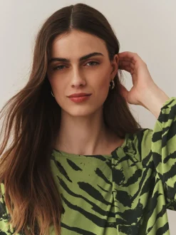 Green Animal Print Twist Neck Long Sleeve Blouse