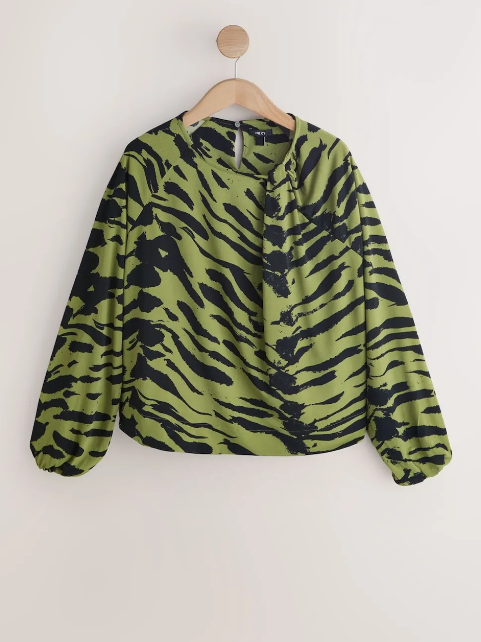 Green Animal Print Twist Neck Long Sleeve Blouse