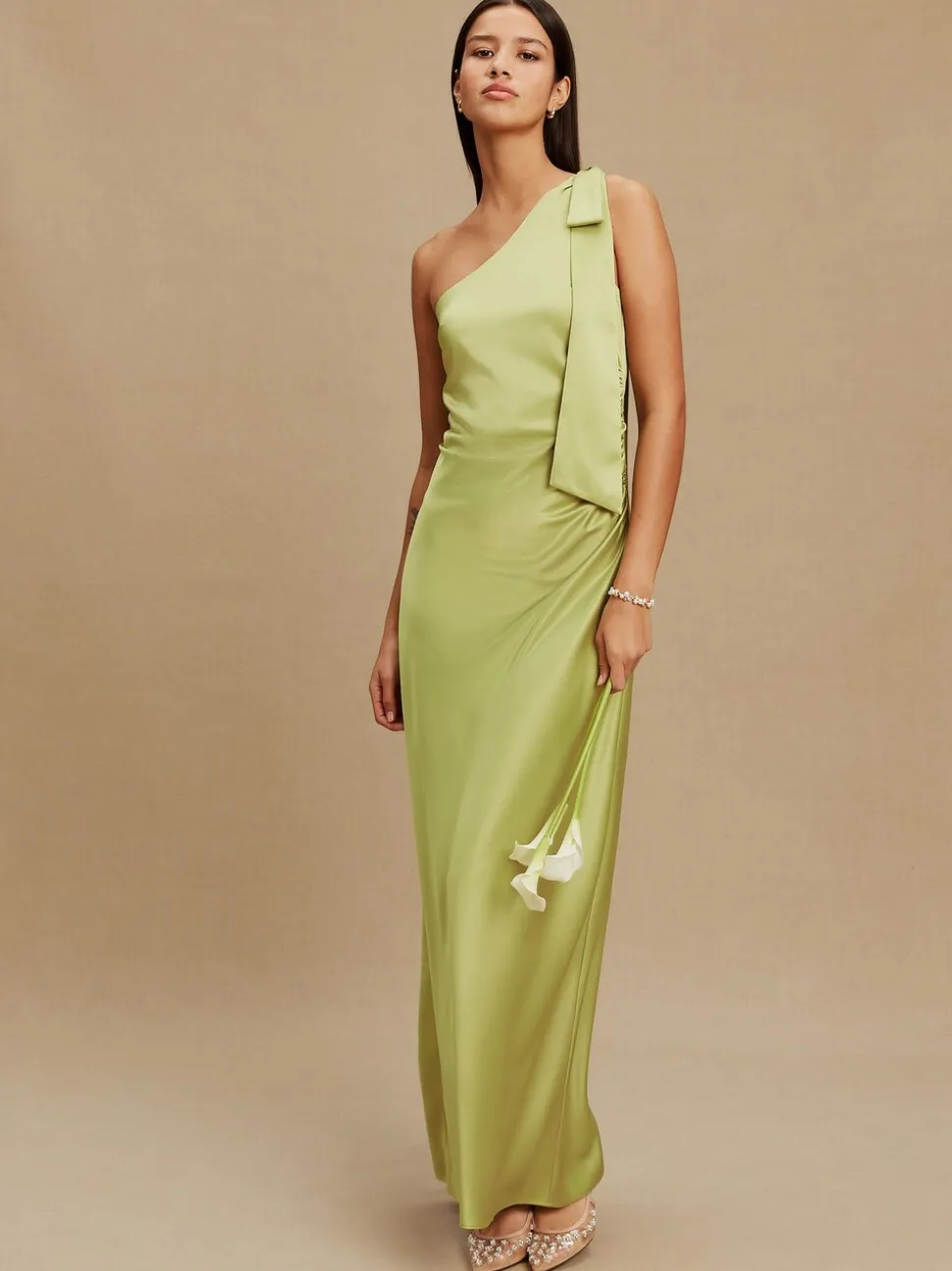 Green Bow One Shoulder Maxi Bridesmaid Dress