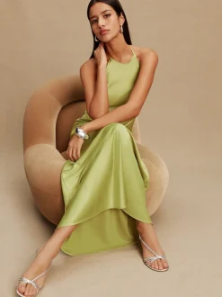 Green Bridesmaids Satin Halterneck Maxi Dress
